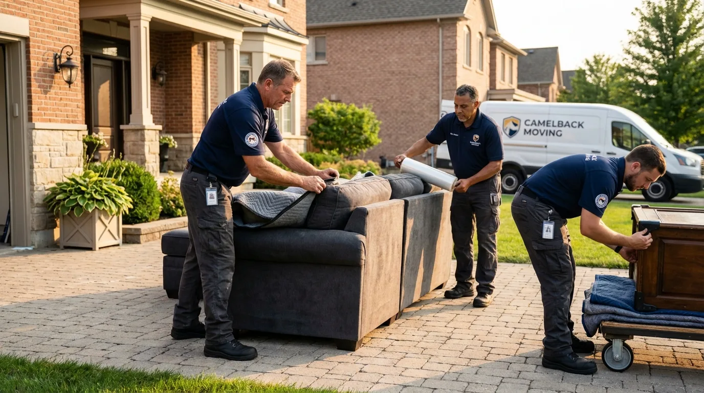 Large estate moving crew wrapping furniture in Farmington, ME