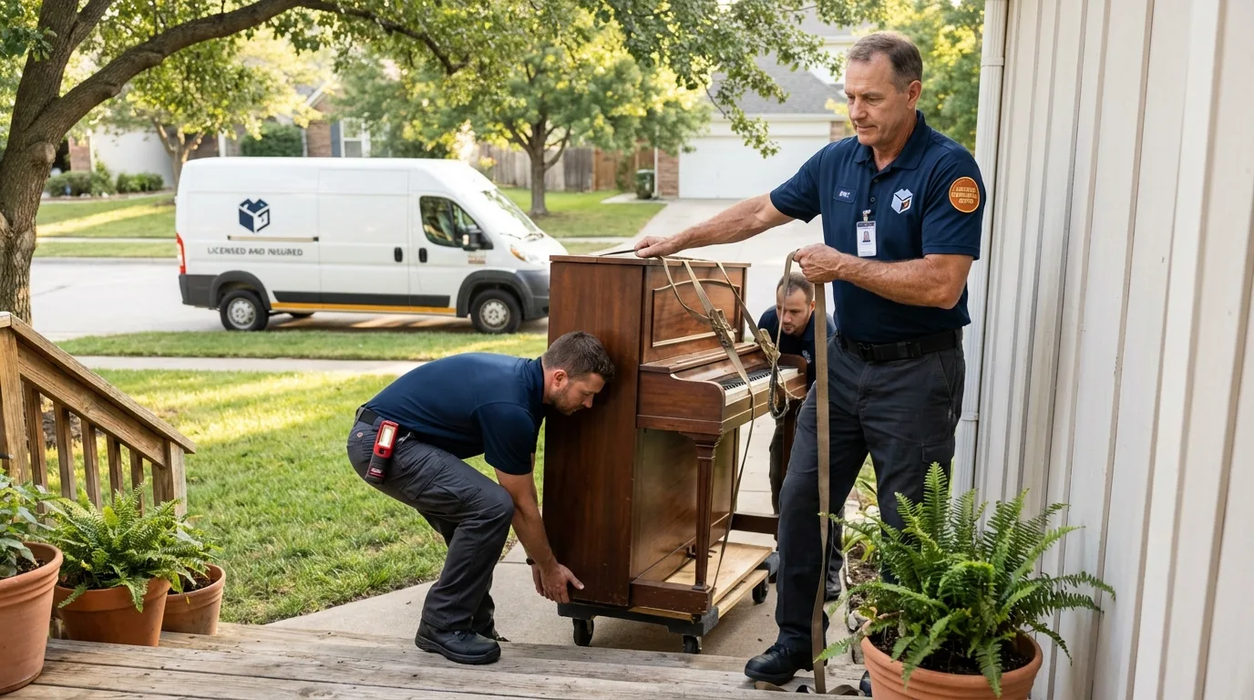Licensed piano movers securing grand piano in Farmington, ME