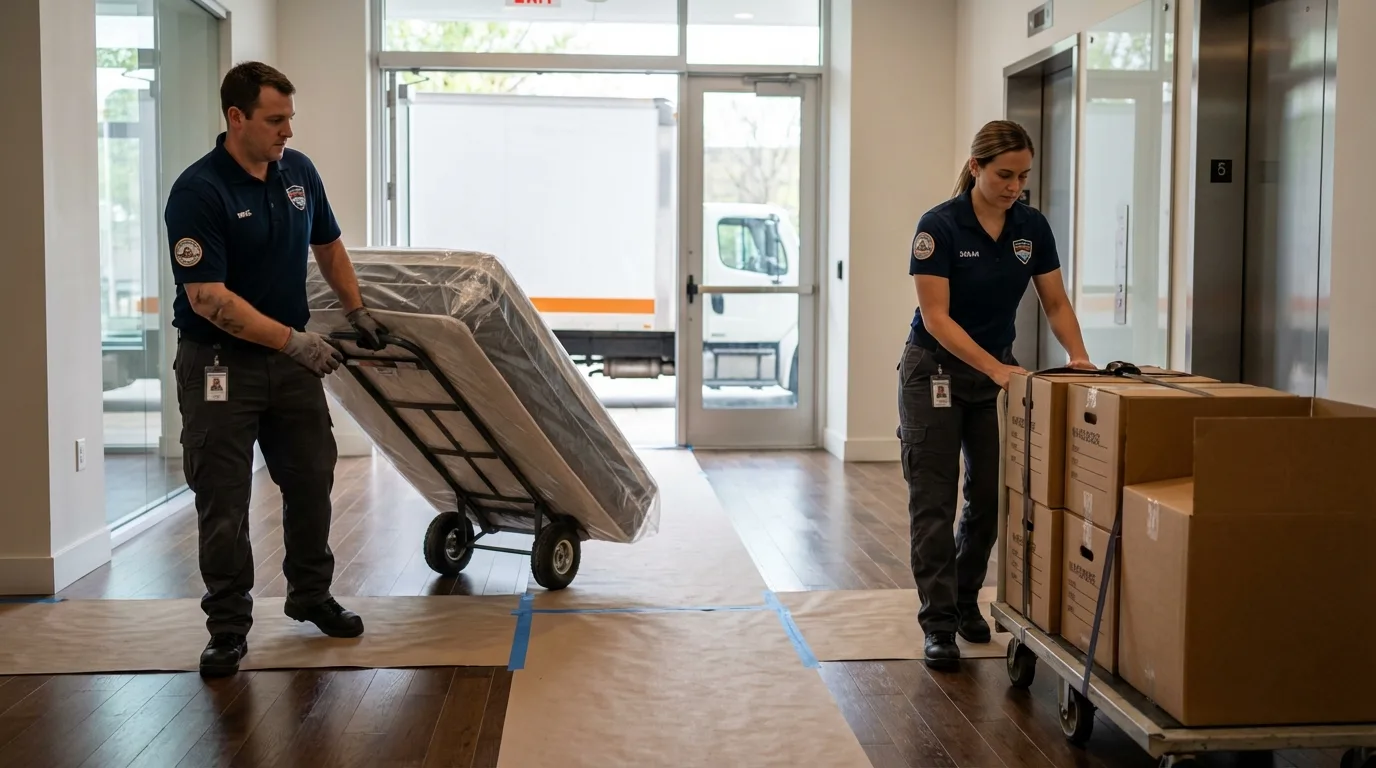 Professional apartment movers loading elevator in Farmington, ME