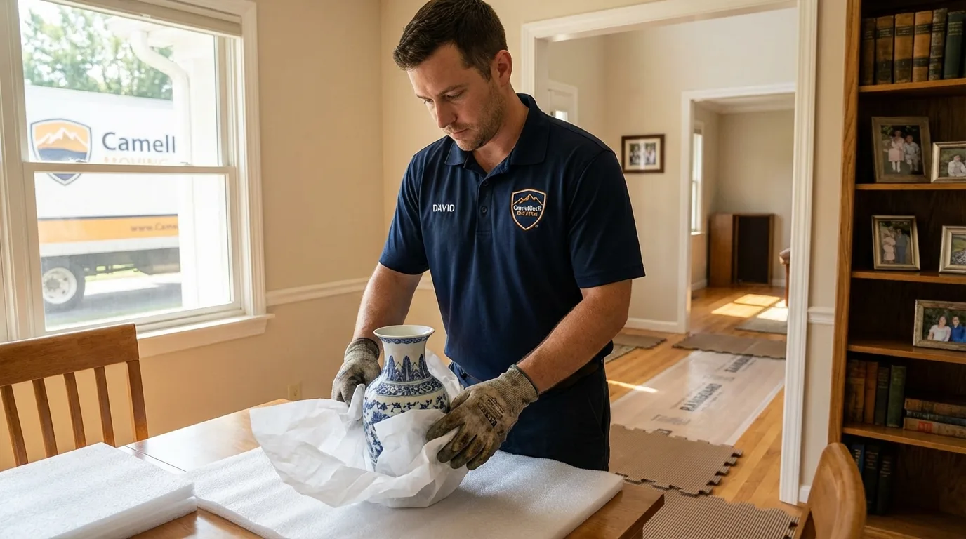 Professional crew carefully wrapping antique vase for senior downsizing move in Farmington, ME