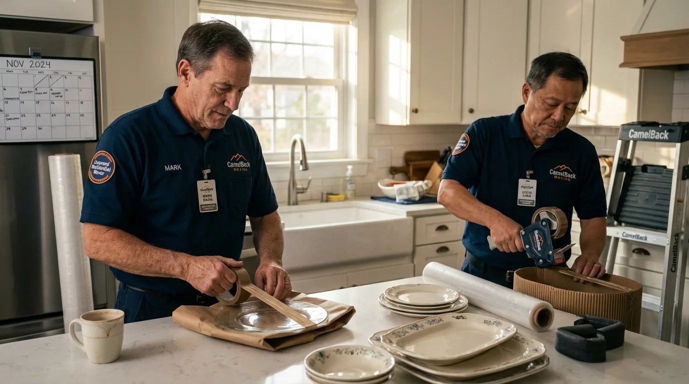 Professional crew packing kitchen dishware in Farmington, ME